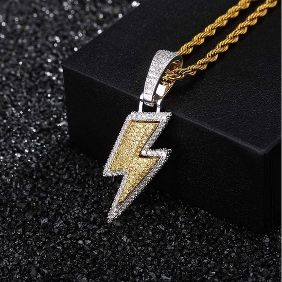 18k Gold Iced Out Lightning Pendant w/ Necklace - Picture 4 of 8